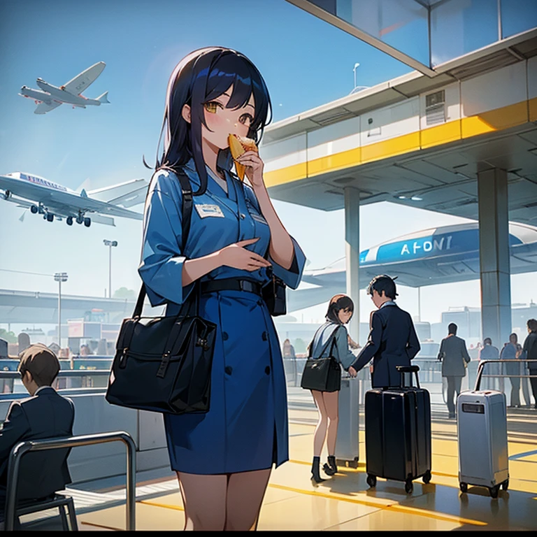 The Japanese girl and she a airpot and here hand on a big bag and she a were a blue uniform and and airport is so big two airhostess talking and and a big sunlight and she girl hair stylist and colour a yellow and every boy see her she girl standing on a the airport chair and he eating a sandwich