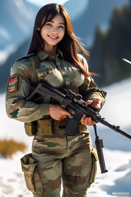 (8K, Raw-Photo, best qualtiy, tmasterpiece:1.2),(realisticlying, photograph realistic:1.4),(Highly detailed CG unity 8k wallpaper),(Round face: 1.5), (detailed pupil:1.3),(Cool Eyes:1.1),(little smile:1.1),(Unforgettable Eyes:1.1),(The eyes are so beautiful:1.1),A young but very beautiful 35-year-old Malay female soldier stands in front of a snowy mountain valley, female soldiers are not wearing shirts, oily bodies ((tense breasts)), half naked,K2 rifle in hand,Clothed Malaysia. Army Digital Camo Uniform, strong muscles,Commando Girl, assault rifle, (holding rifle: 1.3), (Aim and hold the rifle...: 1.3),navels, glove, Ripped military pants, nude girl