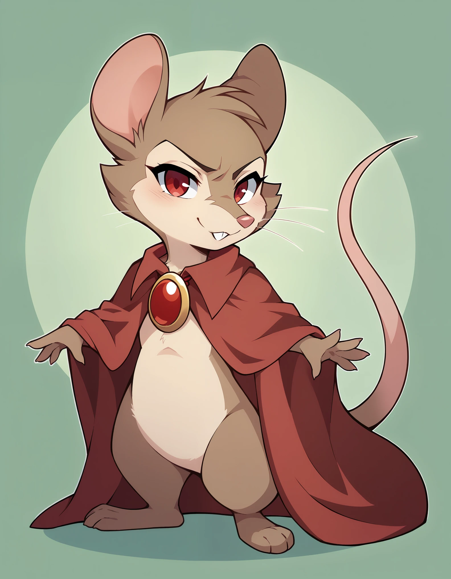 score_9, score_8_up, score_7_up, ource_furry, source_safe, uncensored, source_anime, best quality, forest, BREAK, 1girl, mrsbrisby_tsonimh, mouse girl, semi-anthro, furry, brown fur, wearing red cape, wearing red pendant, mostly nude, standing, closed mouth, looking at viewer, smile, buck teeth, featureless crotch, featureless chest ,,,show accurate, full body, hungry body, simple background, (solo), (semi anthro), mouse, female mouse, fur body, ultra fine fur, standing, red eyes, (light brown dull fur), determined look, black open cape, red inner cape, silver cape brooch, 