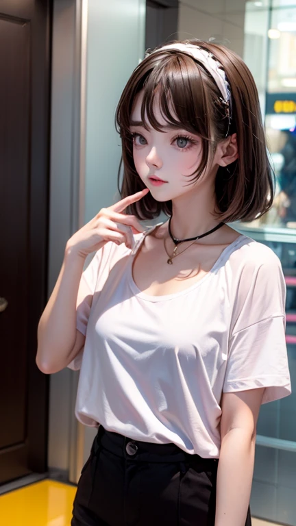 slouch、A small amount of her chest is visible through the neck of her shirt