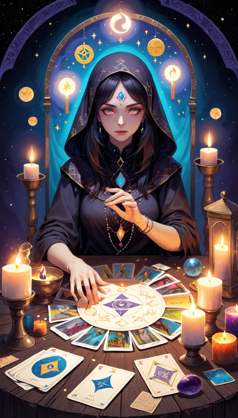 Image Type:Illustration: A mysterious fortune teller uses cardboard to tell tarot cards, Surrounded by flickering candles and mystical symbols, There&#39;s a black cat on my shoulder, A peek into the future with a mischievous smile.