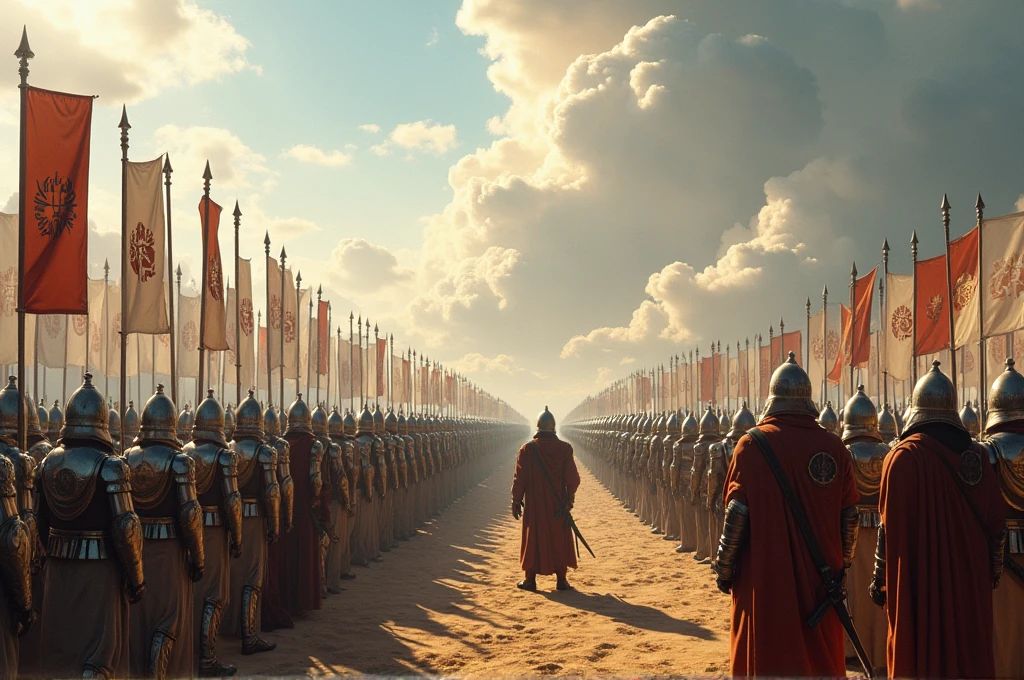 A cinematic, epic scene of three allied armies – the human army, the Ice and Snow Kingdom’s army, and the Desert Kingdom’s army – assembling together on a vast battlefield. The human soldiers stand in rows with gleaming swords and shields, banners bearing the kingdom’s emblem waving in the wind. Beside them, the Ice and Snow Kingdom’s soldiers in white and silver armor with ice-themed insignias, accompanied by large snow leopards and ice elementals. On the other side, the Desert Kingdom’s warriors in flowing robes and sand-colored armor, mounted on camels and desert horses. Commanders from each kingdom confer, their armor and attire distinct but united in purpose. The sky is a dramatic mix of clouds and sunlight, casting long shadows over the allied forces. The atmosphere is tense and anticipatory, capturing the unity and strength of the three armies ready to face the impending threat. High level of detail and realism to match cinematic quality.
