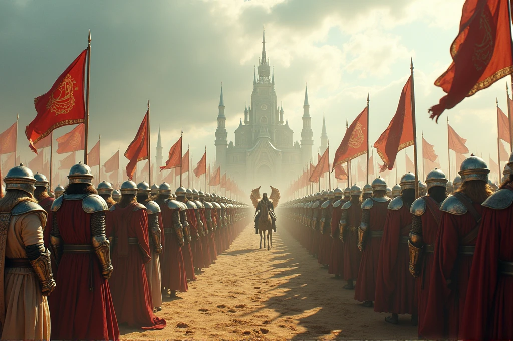 A cinematic, epic scene of three allied armies – the human army, the Ice and Snow Kingdom’s army, and the Desert Kingdom’s army – assembling together on a vast battlefield. The human soldiers stand in rows with gleaming swords and shields, banners bearing the kingdom’s emblem waving in the wind. Beside them, the Ice and Snow Kingdom’s soldiers in white and silver armor with ice-themed insignias, accompanied by large snow leopards and ice elementals. On the other side, the Desert Kingdom’s warriors in flowing robes and sand-colored armor, mounted on camels and desert horses. Commanders from each kingdom confer, their armor and attire distinct but united in purpose. The sky is a dramatic mix of clouds and sunlight, casting long shadows over the allied forces. The atmosphere is tense and anticipatory, capturing the unity and strength of the three armies ready to face the impending threat. High level of detail and realism to match cinematic quality.