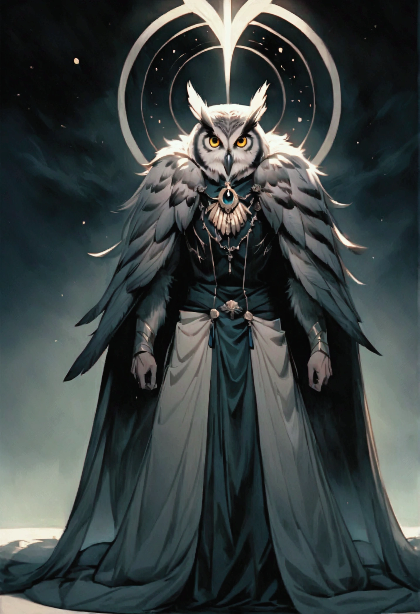 Create a manhwa-style illustration of a hybrid man and owl character. The character should be a young man between 22 and 25 years old, with a majestic appearance, and an upright and imposing posture. His eyes should be green and penetrating, and his feathers should have a subtle shine, reflecting an aura of mystery and power. The character should have owl characteristics, such as feathers on his arms and shoulders, while still maintaining the form and presence of a human. His face should be human and beautiful, with masculine features. Owl fur should cover his face like an owl's, but then it parts or lifts to reveal his human face underneath, adding a unique and elegant touch. His hair should resemble feathers. He should be gorgeous and delicate, with an enigmatic aura. At least one image should show part of his body. The background should be atmospheric, suggesting a nocturnal or mystical environment.