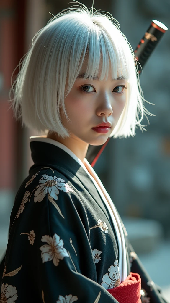 Beautiful Korean woman with short white hair wearing a black and white yukata holding a katana. Surrealistic style. Pastel tones. Mid shot. Dramatic light.
