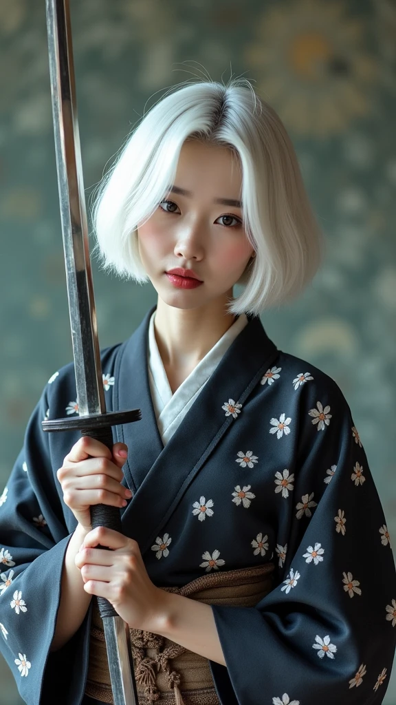 Beautiful Korean woman with short white hair wearing a black and white yukata holding a katana. Surrealistic style. Pastel tones. Mid shot. Dramatic light.