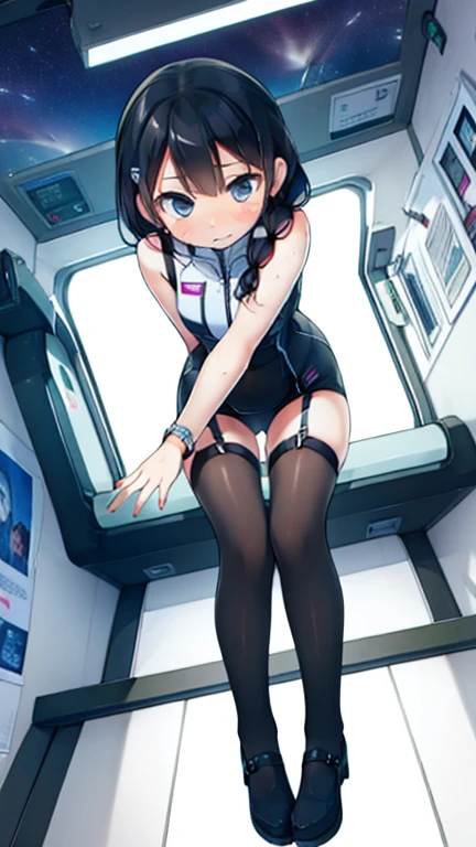 (Highest quality), (masterpiece), 1080P, High resolution, 4K, 8k, Inside the space station、Futuristic room、Thigh straps, Shooting from directly below, The woman on top of me, 白いSweat, Covered , Sweat, Woman looking down, Skirt swimsuit, Thigh-high socks, To achieve this, 16 years old, , whole body, Black leather shoes, Braided hair, Inner Color, Embarrassed face, Short black hair, bracelet, Bedroom,celestial body_Vest
