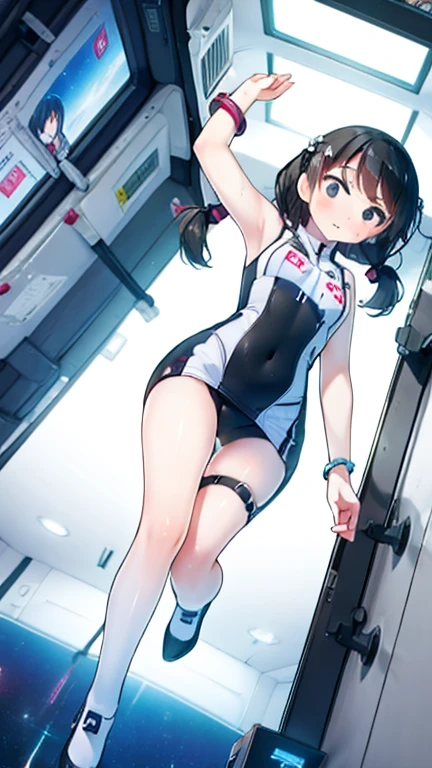 (Highest quality), (masterpiece), 1080P, High resolution, 4K, 8k, Inside the space station、Futuristic room、Thigh straps, Shooting from directly below, The woman on top of me, 白いSweat, Covered , Sweat, Woman looking down, Skirt swimsuit, Thigh-high socks, To achieve this, , , whole body, Black leather shoes, Braided hair, Inner Color, Embarrassed face, Short black hair, bracelet, Bedroom,celestial body_Vest