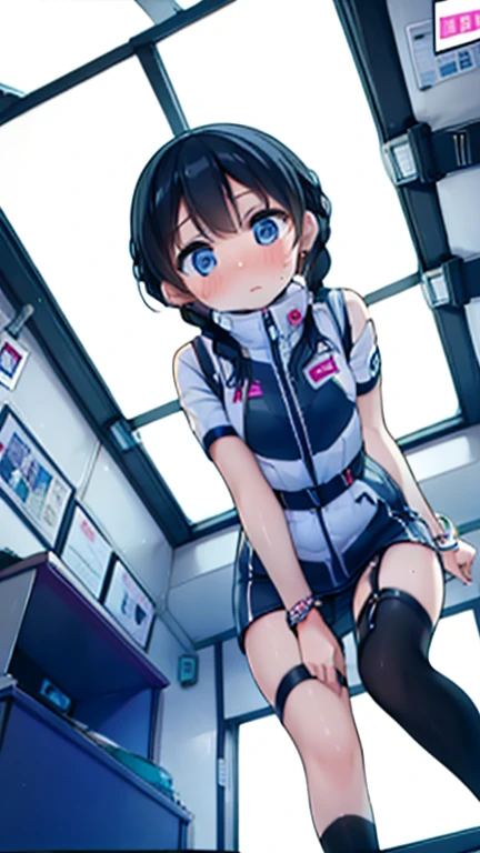 (Highest quality), (masterpiece), 1080P, High resolution, 4K, 8k, Inside the space station、Futuristic room、Thigh straps, Shooting from directly below, The woman on top of me, 白いSweat, Covered , Sweat, Woman looking down, Skirt swimsuit, Thigh-high socks, To achieve this, , , whole body, Black leather shoes, Braided hair, Inner Color, Embarrassed face, Short black hair, bracelet, Bedroom,celestial body_Vest
