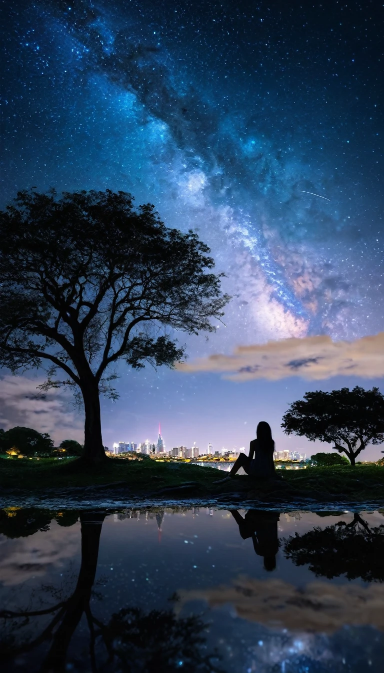 sky, star, landscape, starry sky, night, girl, night sky, solo, outdoor, signature, building, clouds, milky way, sitting, tree, long hair, city, silhouette, cityscape、The scenery reflected on the ground, the night sky reflected on the water,