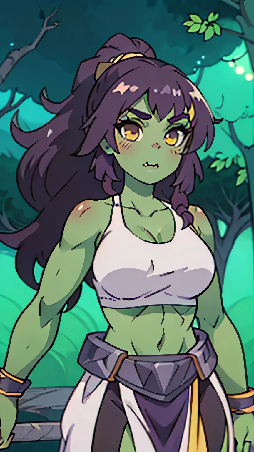 photo of beautiful Orc, RAW, beautiful woman, (portrait), (detailed anime face:1.2), (detailed green skin, dark green makeup, smooth green skin: 1.22), (Long braided hair), (perfect proportioned body, Strong, muscular, narrow waist, narrow hips, skinny, medium breasts), (she wears cropped leather armor), (detailed Forest, giant trees), (realistic photo, best quality, detailed), (8k wallpaper), (cinematic lighting, beautiful light, (day:1.3)) (sharp focus, intricate)