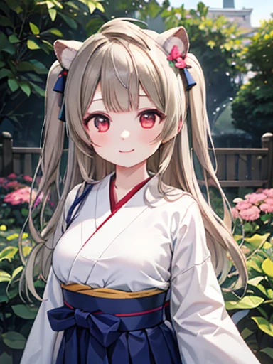 masterpiece、Highest quality、Minami Kotori、Very detailed、solo、Minami Kotori,Three-dimensional、View from the front、かわいいAnimal ears, One side up, ヘアribbon, ribbon, Long Hair,Arms on both sides、The Taisho Period in Japan、White kimono、Outside of the hakama、garden、Animal ears、Realistic、Beige Hair, (Red eyes:1.1),One Girl、beautiful flower々満開のgarden、Absolute reference to the center、Laughter、fun!　、Standing on the grass、Absolute reference to the center,Large Breasts