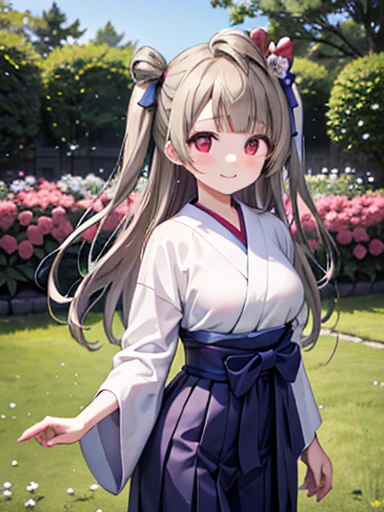 masterpiece、Highest quality、Minami Kotori、Very detailed、solo、Minami Kotori,Three-dimensional、View from the front、かわいいAnimal ears, One side up, ヘアribbon, ribbon, Long Hair,Arms on both sides、The Taisho Period in Japan、White kimono、Outside of the hakama、garden、Animal ears、Realistic、Beige Hair, (Red eyes:1.1),One Girl、beautiful flower々満開のgarden、Absolute reference to the center、Laughter、fun!　、Standing on the grass、Absolute reference to the center,Large Breasts