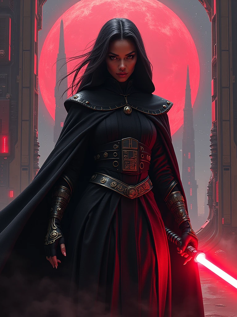 a female Star Wars sith lord based on Zendaya, highly detailed cinematic sci-fi illustration, black outlining, full color illustration, in the style of BORIS VALLEJO & JULIE BELL, masterpiece, 8k, ultra-detailed, physically-based rendering, vivid colors, dramatic lighting, intricate background, photorealistic