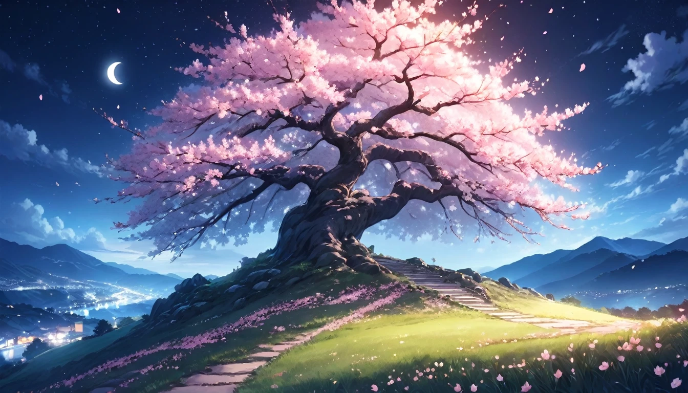 beautiful detailed cherry blossom tree on a hill at night, small moon, beautiful scenery, anime, masterpiece, 8k, high quality, hyperdetailed, photorealistic, vibrant colors, dramatic lighting, cinematic composition, ethereal atmosphere, whimsical fantasy, serene tranquility