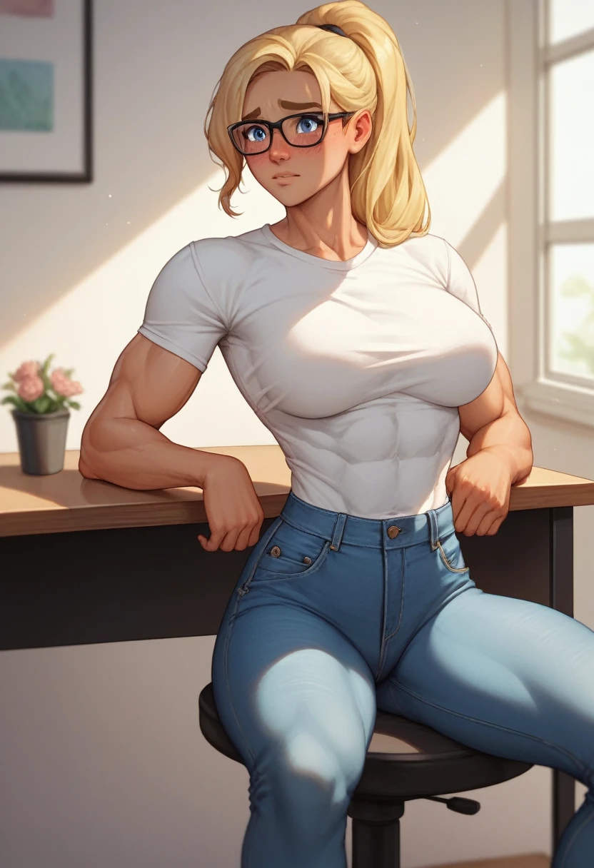 Prompt 

detailed illustration, (front view), (side view),dynamic angle, ultra-detailed, illustration, clean line art, shading, anime, detailed eyes, detailed face, beautiful face, dramatic lighting, detailed illustration, dynamic angle, ultra-detailed, illustration, single woman 

Fit, toned abs, muscular abs, detailed abs, big round ass, big tits, creamy white skin, pale skin tone, wide hips, thunder thighs, blonde hair, strong biceps, naked under a open lab coat, glasses, bulky frame, milf, mature, older woman, tall, broad shoulders, very muscular, huge, bulky body, brawny, masculine woman