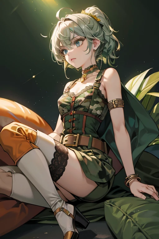 Anna wears a green, camouflage patterned vest with an orange bustier top underneath and a wide, darker orange belt around the waist with a large silver buckle. She wears shorts to match her bustier with four silver buttons at the front, and green thigh-highs with a black band and a black lace hem at the top. Anna also wears green, warrior-styled heels with straps wrapping up to her upper calf and three silver buckles on each leg at the outer side, as well as dark orange soles and heels to match her belt. This outfit is accessorized with silver bangles around her right arm, a silver choker, green camouflage elbow cuffs, a dark orange armlet on her left, upper arm, and a green camouflage hairband. SPARKLE; GLITTER