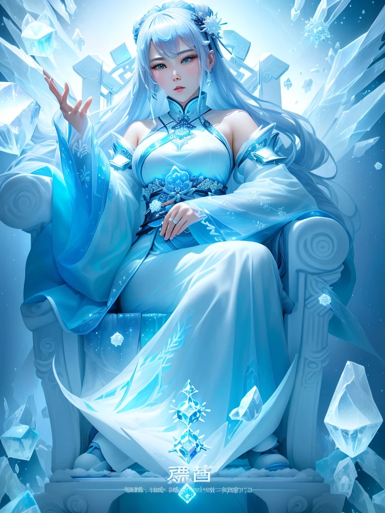 There is a poster,Picture with some ice cubes on it, Made of Ice, 一切都是Made of Ice的, female Made of Ice, Icicles background, on a throne of crystals, Inspired by Mei Qing, on an icy throat, floating symbols and crystals,