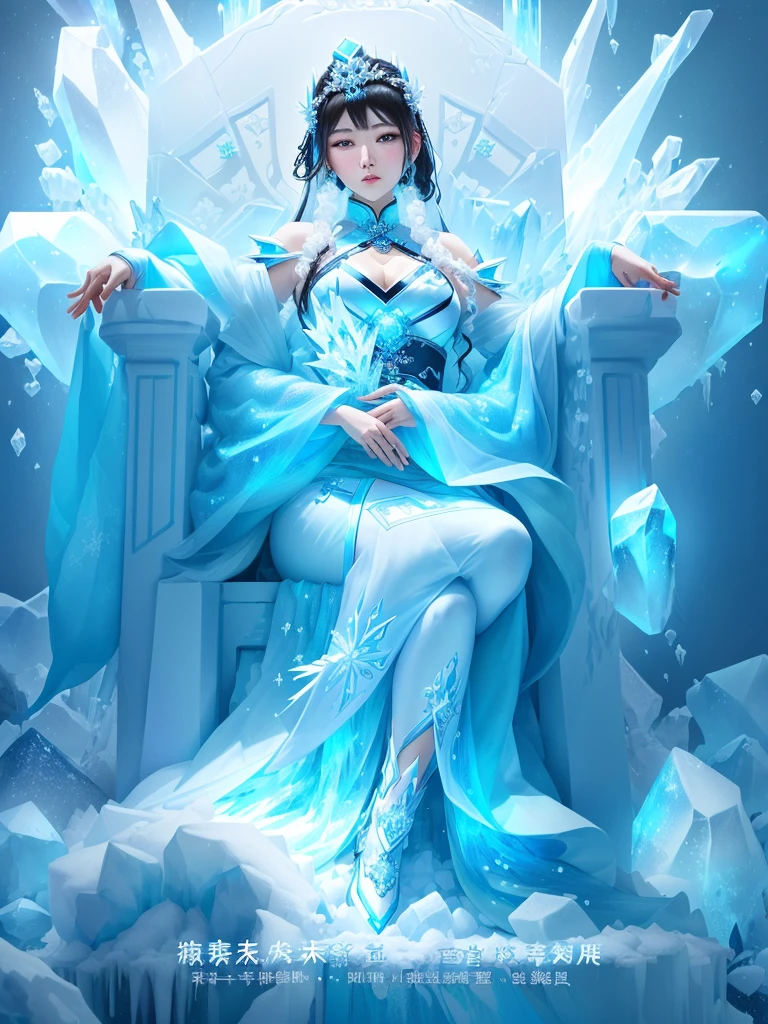 There is a poster,Picture with some ice cubes on it, Made of Ice, 一切都是Made of Ice的, female Made of Ice, Icicles background, on a throne of crystals, Inspired by Mei Qing, on an icy throat, floating symbols and crystals,