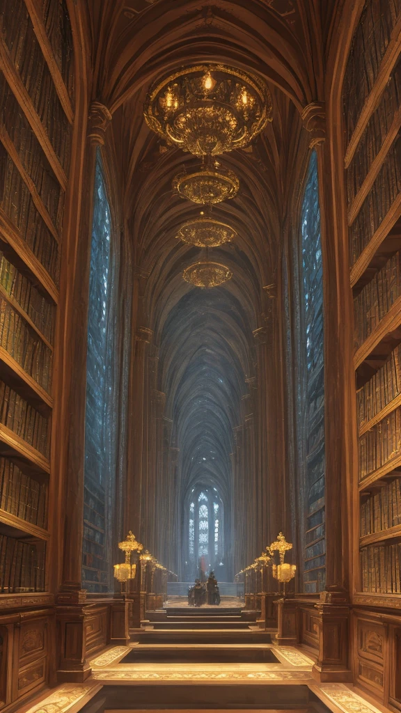 a massive, ancient world tree, library, intricate branches, ornate architecture, high ceilings, rows of bookshelves, dim lighting, warm tones, fantastical atmosphere, (best quality,4k,8k,highres,masterpiece:1.2),ultra-detailed,(realistic,photorealistic,photo-realistic:1.37),concept art,epic scale,dramatic lighting,cinematic composition,ornate details,rich textures,moody colors