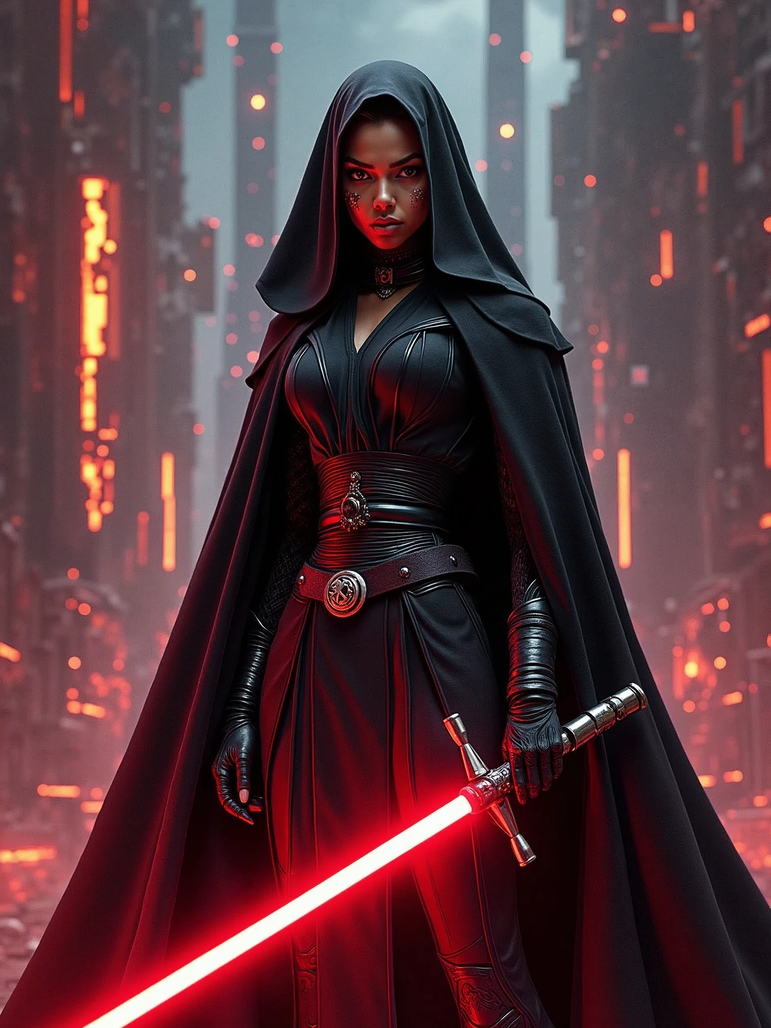 a female Star Wars sith lord based on Zendaya, highly detailed cinematic sci-fi illustration, black outlining, full color illustration, in the style of BORIS VALLEJO & JULIE BELL, masterpiece, 8k, ultra-detailed, physically-based rendering, vivid colors, dramatic lighting, intricate background, photorealistic