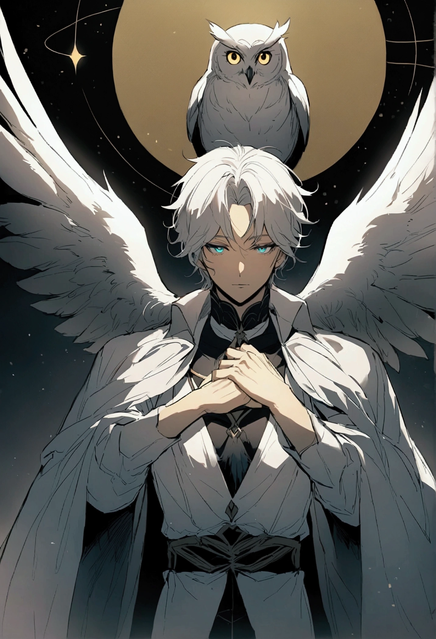 Create a manhwa-style illustration of a hybrid man and owl character. The character should be a young man between 22 and 25 years old, with a majestic appearance, and an upright and imposing posture. His eyes should be green and penetrating, and his feathers should have a subtle shine, reflecting an aura of mystery and power. The character should have owl characteristics, such as feathers on his arms and shoulders, while still maintaining the form and presence of a human. His face should be human and beautiful, with masculine features. Owl fur should cover his face like an owl's, but then it parts or lifts to reveal his human face underneath, adding a unique and elegant touch. His hair should resemble feathers. He should be gorgeous and delicate, with an enigmatic aura. At least one image should show part of his body. The background should be atmospheric, suggesting a nocturnal or mystical environment.