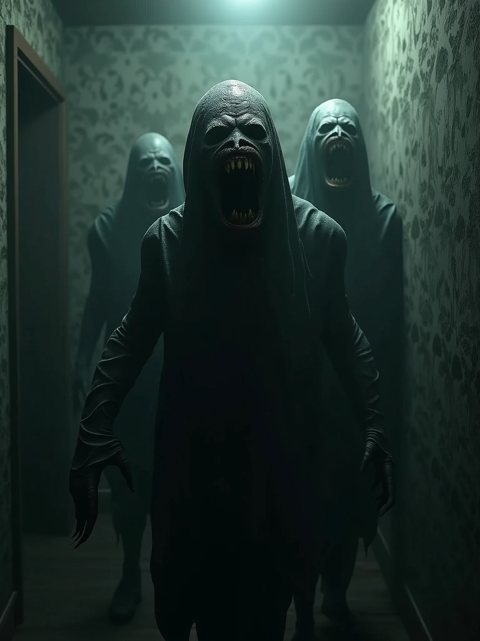Monsters of darkness, humanoid head, faceless head, with gaping wide mouth, wallpaper, shadows, horror, dynamic lighting, sharp focus