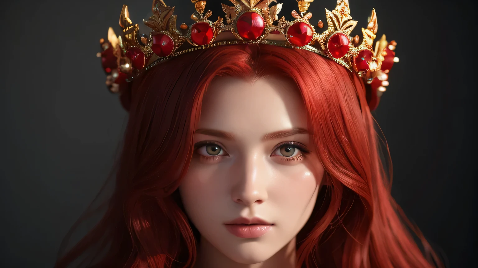a beautiful red-haired woman wearing a crown, detailed volumetric lighting, ultra-detailed, 4k, photorealistic, masterpiece by samdoesarts