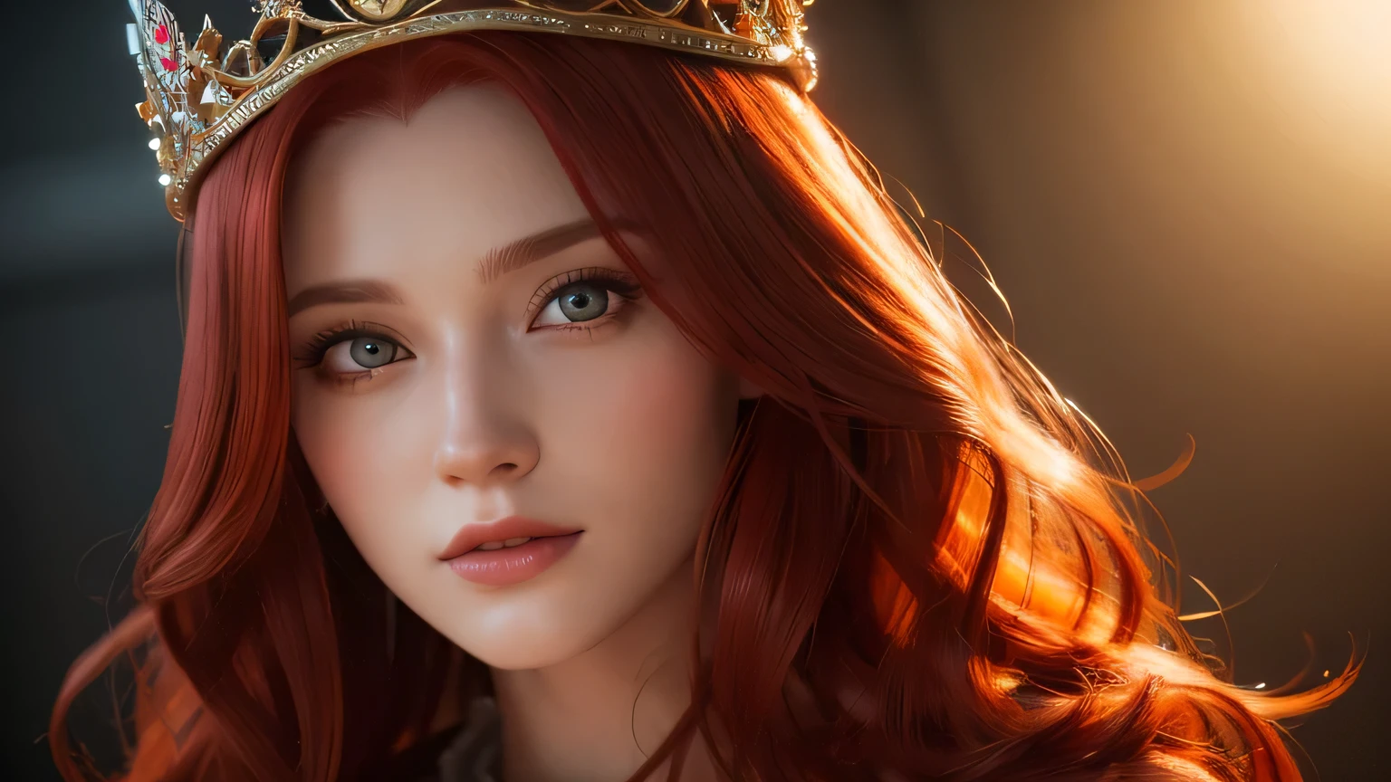 a beautiful red-haired woman wearing a crown, detailed volumetric lighting, ultra-detailed, 4k, photorealistic, masterpiece by samdoesarts