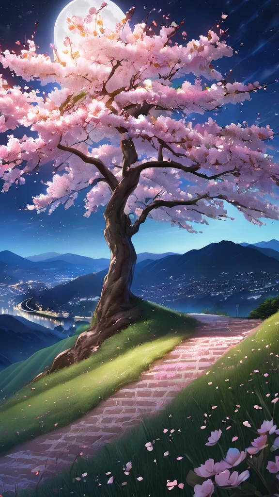 A highly detailed, photorealistic, and visually stunning anime-style landscape depicting a large, beautiful cherry blossom tree on a hill under a small, glowing moon, with a breathtaking, ethereal night sky backdrop. The scene is bathed in a soft, warm lighting that enhances the delicate cherry blossoms and creates a serene, dreamlike atmosphere. (best quality,4k,8k,highres,masterpiece:1.2),ultra-detailed,(realistic,photorealistic,photo-realistic:1.37),cherry blossom tree,night scenery,moon,hill,anime style,warm lighting,ethereal,serene,detailed petals,detailed sky,detailed foliage,detailed textures