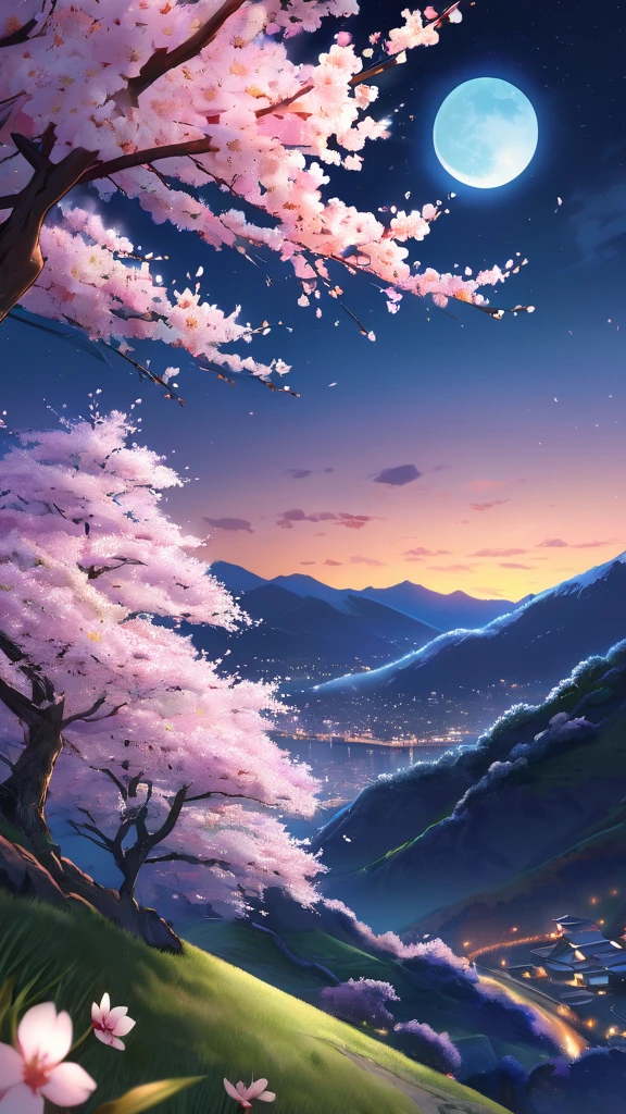 A highly detailed, photorealistic, and visually stunning anime-style landscape depicting a large, beautiful cherry blossom tree on a hill under a small, glowing moon, with a breathtaking, ethereal night sky backdrop. The scene is bathed in a soft, warm lighting that enhances the delicate cherry blossoms and creates a serene, dreamlike atmosphere. (best quality,4k,8k,highres,masterpiece:1.2),ultra-detailed,(realistic,photorealistic,photo-realistic:1.37),cherry blossom tree,night scenery,moon,hill,anime style,warm lighting,ethereal,serene,detailed petals,detailed sky,detailed foliage,detailed textures