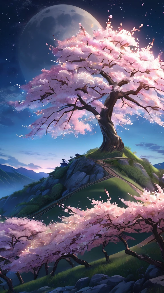 A highly detailed, photorealistic, and visually stunning anime-style landscape depicting a large, beautiful cherry blossom tree on a hill under a small, glowing moon, with a breathtaking, ethereal night sky backdrop. The scene is bathed in a soft, warm lighting that enhances the delicate cherry blossoms and creates a serene, dreamlike atmosphere. (best quality,4k,8k,highres,masterpiece:1.2),ultra-detailed,(realistic,photorealistic,photo-realistic:1.37),cherry blossom tree,night scenery,moon,hill,anime style,warm lighting,ethereal,serene,detailed petals,detailed sky,detailed foliage,detailed textures