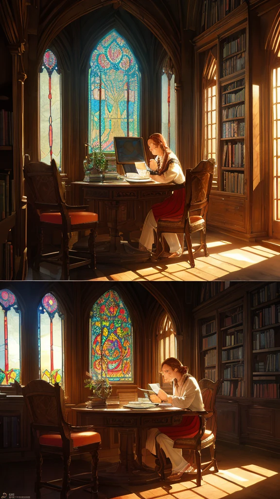 a massive ancient world tree, a beautiful magical library hidden deep within the world tree, ornate wooden bookshelves, intricate carved arches, stained glass windows, warm lighting, a cozy and peaceful atmosphere, a young woman reading a book at a table, a cat curled up on the windowsill, (best quality,8k,highres,masterpiece:1.2),ultra-detailed,(realistic,photorealistic,photo-realistic:1.37),concept art,cinematic lighting,vibrant colors,dramatic shadows