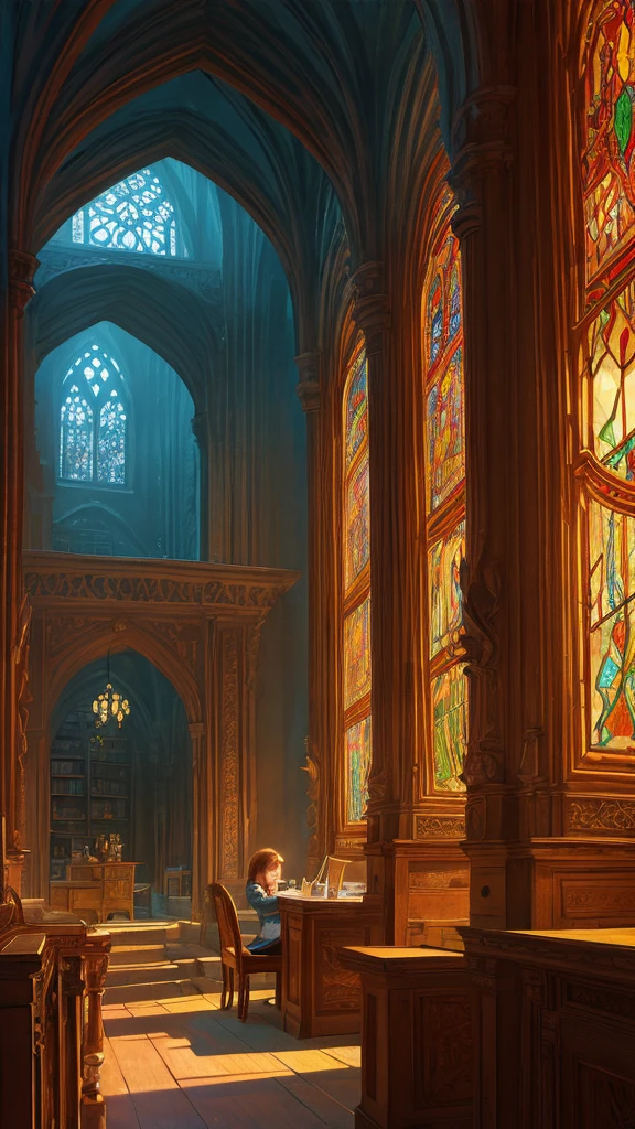 a massive ancient world tree, a beautiful magical library hidden deep within the world tree, ornate wooden bookshelves, intricate carved arches, stained glass windows, warm lighting, a cozy and peaceful atmosphere, a young woman reading a book at a table, a cat curled up on the windowsill, (best quality,8k,highres,masterpiece:1.2),ultra-detailed,(realistic,photorealistic,photo-realistic:1.37),concept art,cinematic lighting,vibrant colors,dramatic shadows