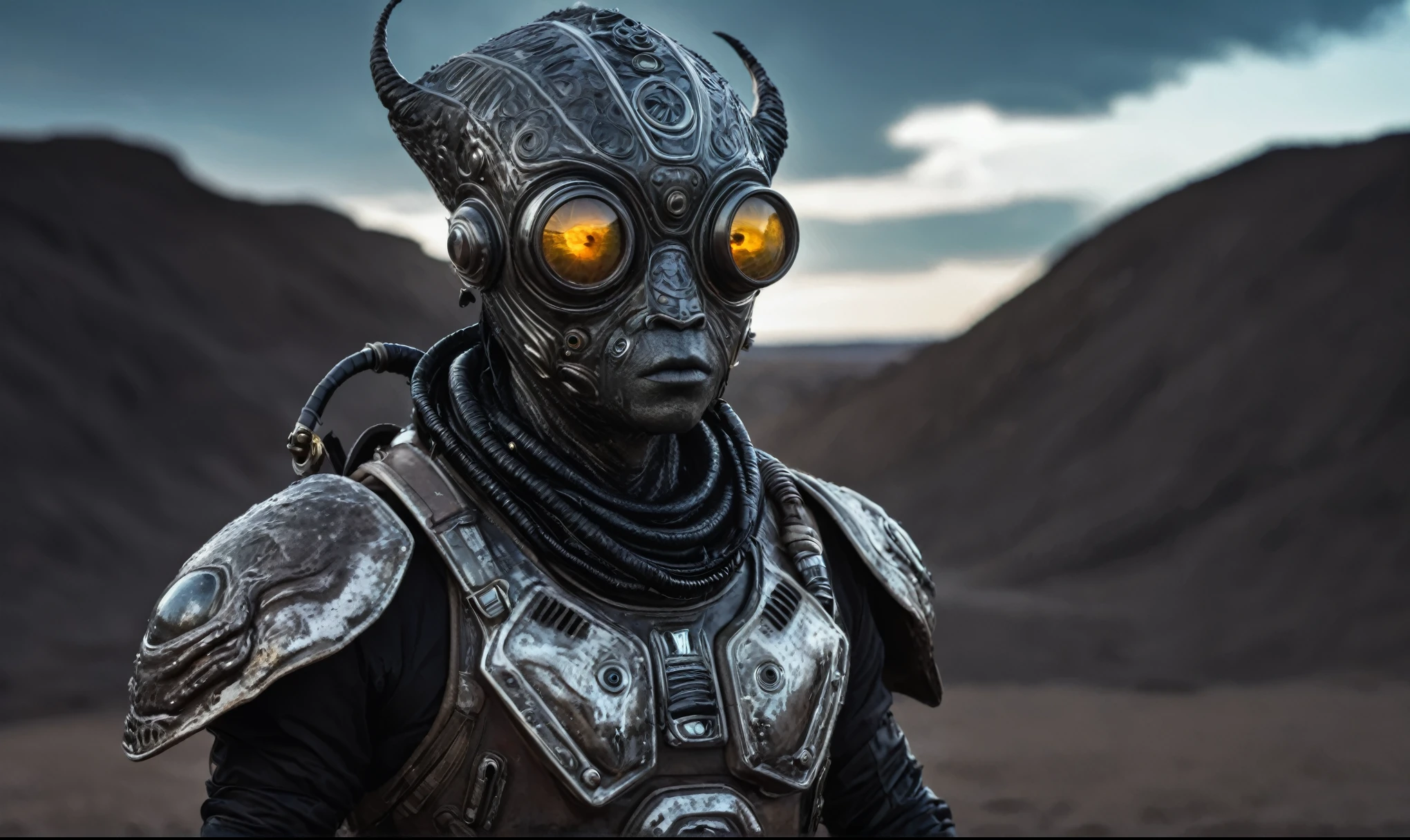 full body length shot,nerd graphite  Alien Entity,native africa slave ,azctec Finnish Lapland,Cinematic,soft colors, Technicolor,natural skin textures, hyper realism, hyper detailed,Extremely detailed,High contrast,Masterpiece,Realistic,Ultra Detailed, intricate details,realistic humid leather,extremely intricate details,Epic Realistic, cinematic style, irina yermolova,high contrast,hdr,extremely detailed, [deep night landscape],masterpiece, intricate details, eyes extremely detailed, high detailed eyes,8k resolution,retina, Nikon Z9,Korea,orc,Egypt, Pisces, transition between two art styles,full body length, Double contact, X-ray, Creative, vivid light, fantasy, Abstract, Surrealism, super detailed, high resolution,insanity national folk wear,skin  almost translucent, gothic elements,Mestichino,Light particles,chaos,starfish's leather,"(The best lighting, dark, dramatic), terror.),(fish eyes, A Modern flat toon Crazy whit a Big ONE a Only Eye Robot USSR , and helmet Style, tongs in hands, Tv head, pinhead, camouflage Rusty, Ambient in a meteorite crater super detailed, 