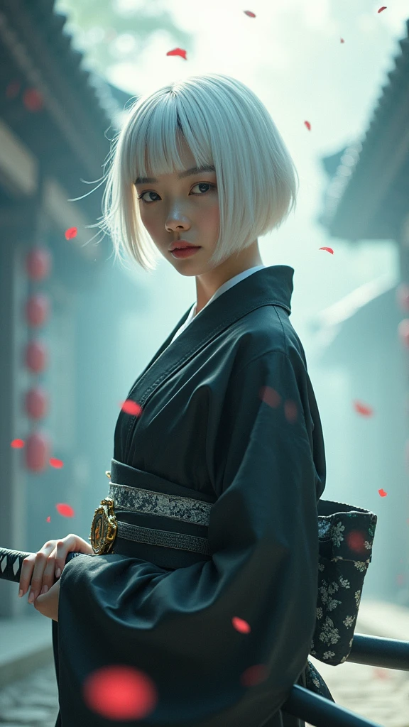 Beautiful Korean woman with short white hair wearing a black and white yukata holding a katana. Surrealistic style. Pastel tones. Mid shot. Dramatic light.