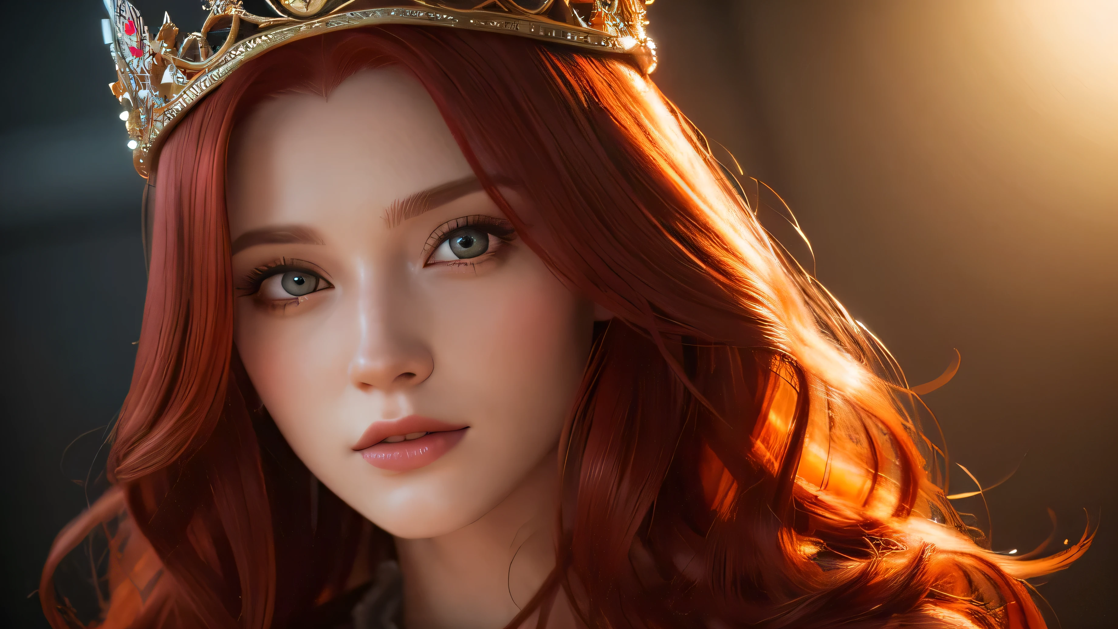 a beautiful red-haired woman wearing a crown, detailed volumetric lighting, ultra-detailed, 4k, photorealistic, masterpiece by samdoesarts