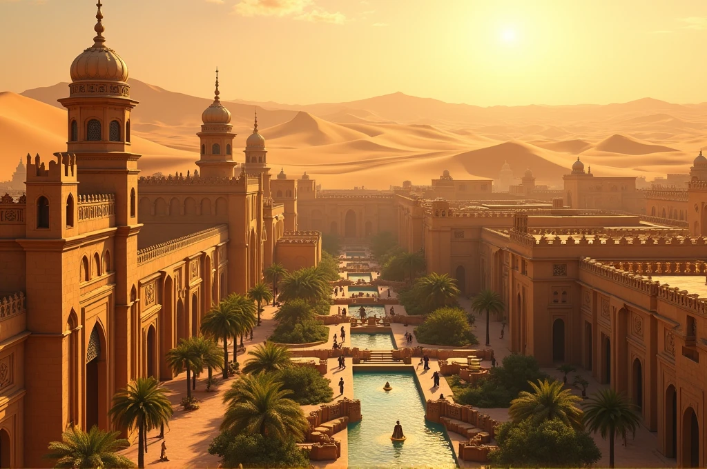 A cinematic, detailed view of the Desert Kingdom's architecture: grand palaces and fortresses made from golden sandstone, adorned with intricate carvings and tall spires. The buildings feature large, arched doorways and windows with ornate latticework. The rooftops are flat with elegant domes and minarets, capturing the essence of desert architecture. Surrounding the buildings are lush oasis gardens with palm trees and flowing fountains. Marketplaces with colorful awnings and bustling activity add life to the scene. The backdrop includes expansive dunes of golden sand stretching into the horizon, with the sun casting a warm, golden glow. The atmosphere is vibrant and majestic, capturing the beauty and resilience of the desert kingdom. High level of detail and realism to match cinematic quality.