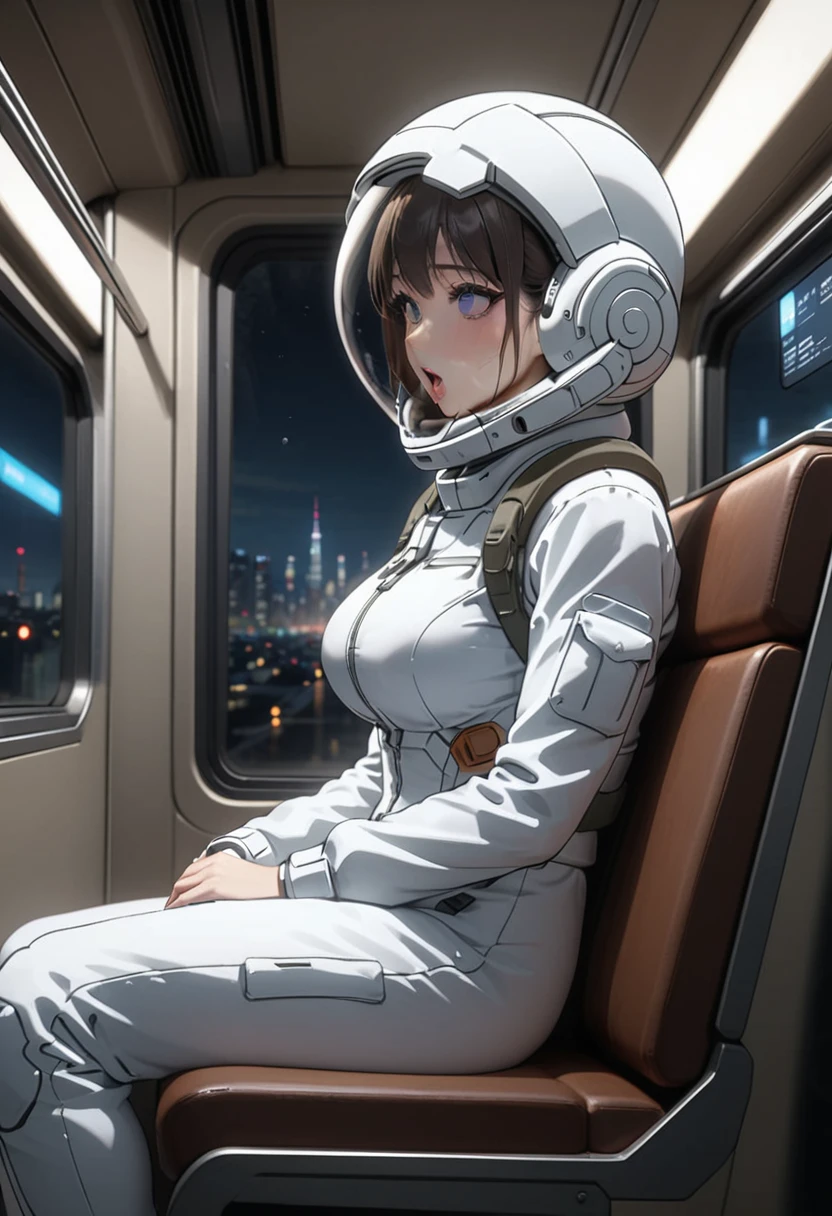 space helmet, (cinematic scene, sitting on a chair, train interior, , city view, night view: 1.5), space helmet, eva helmet, space suit, astronaut), smile bubble helmet, very detailed, speed helmet, bubble helmet, ,upper body, astronaut),eva helm, spacesuit , astronaut),girl, wearing a (spacesuit:1.15), white cargo pants, from side, black hair,big breasts,ahegao, rolling eyes,saliva,