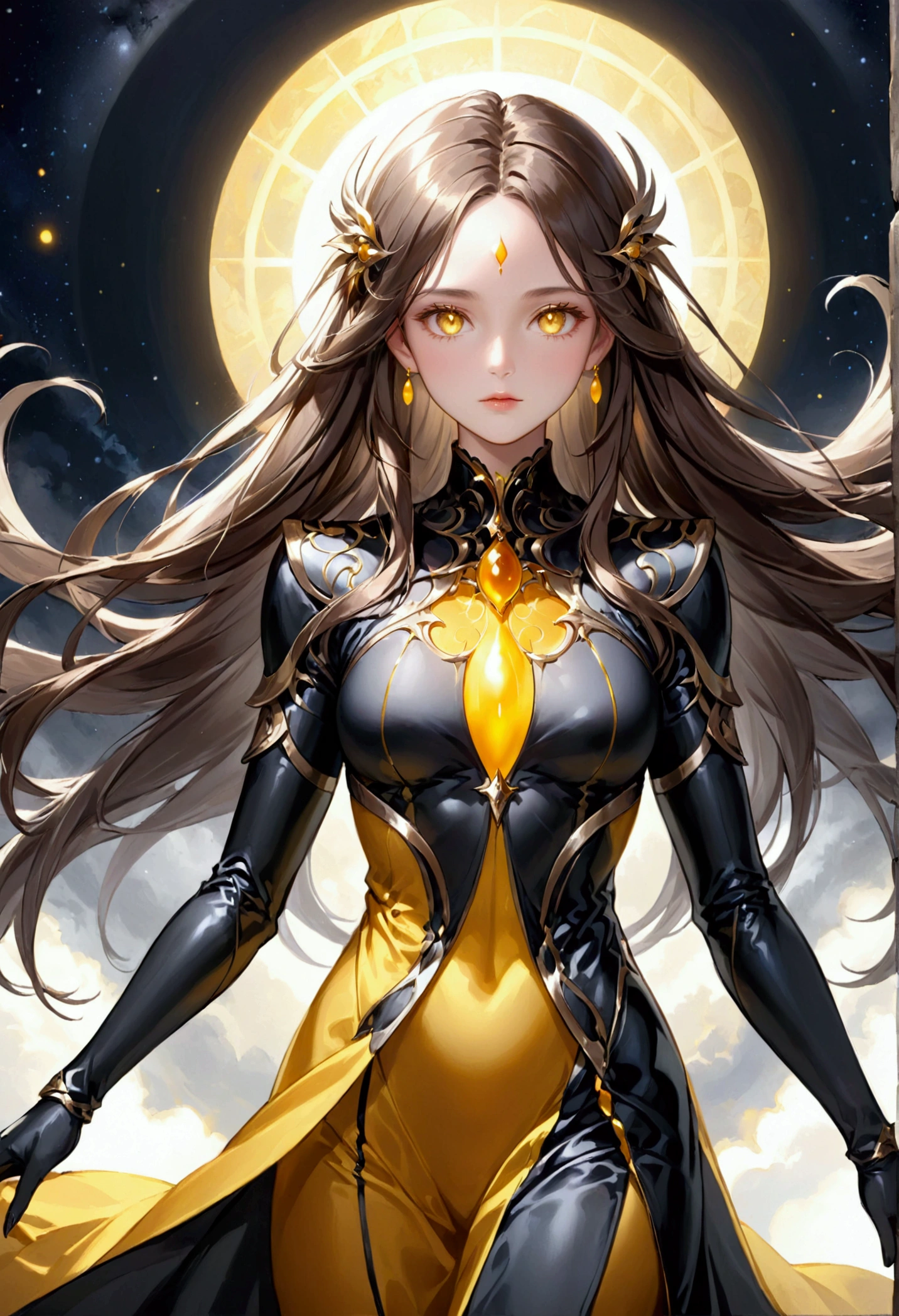Girl, mature very long brown hair with silver highlight, yellow onyx eyes, black aura, noble lady,
