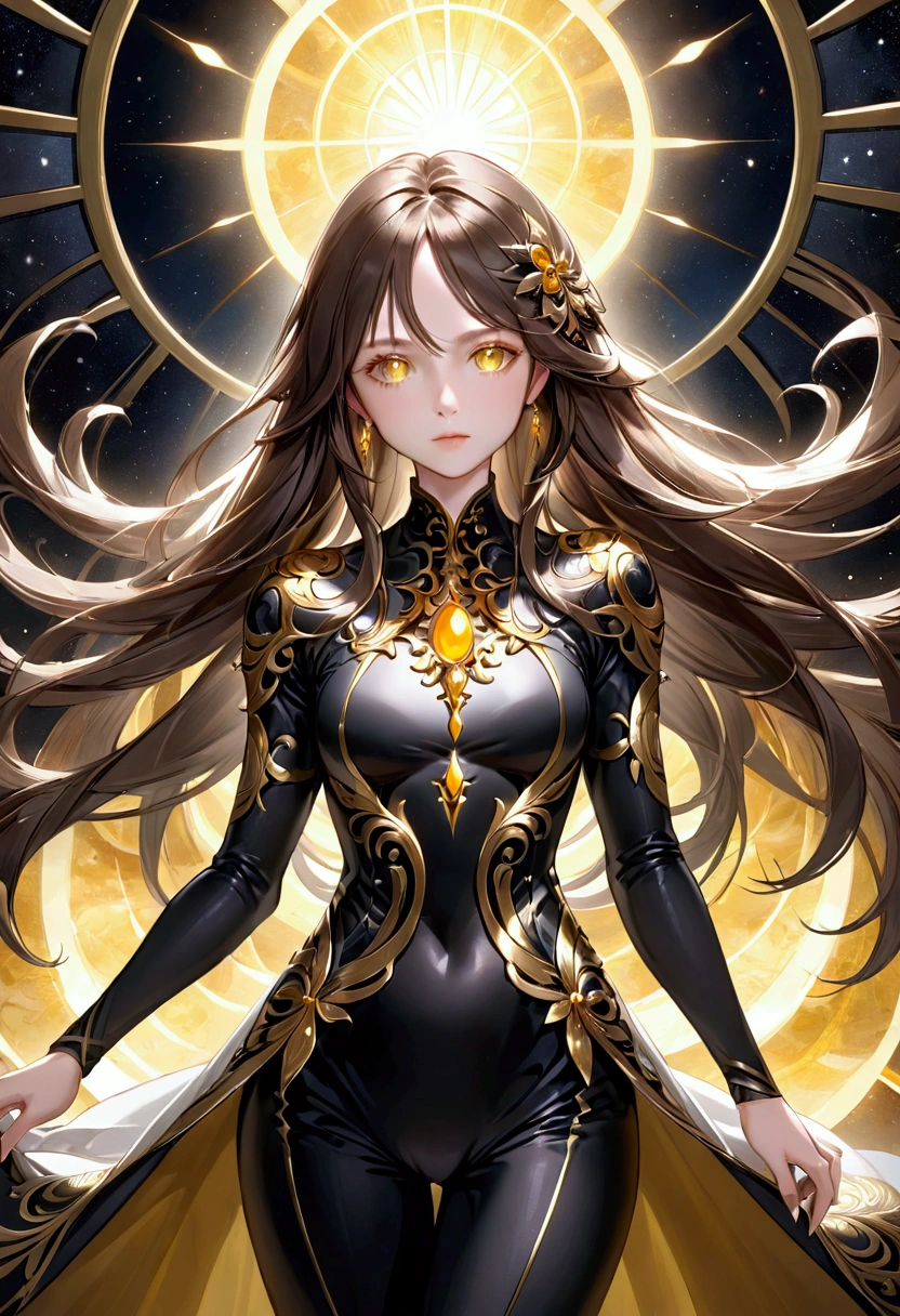 Girl, mature very long brown hair with silver highlight, yellow onyx eyes, black aura, noble lady,