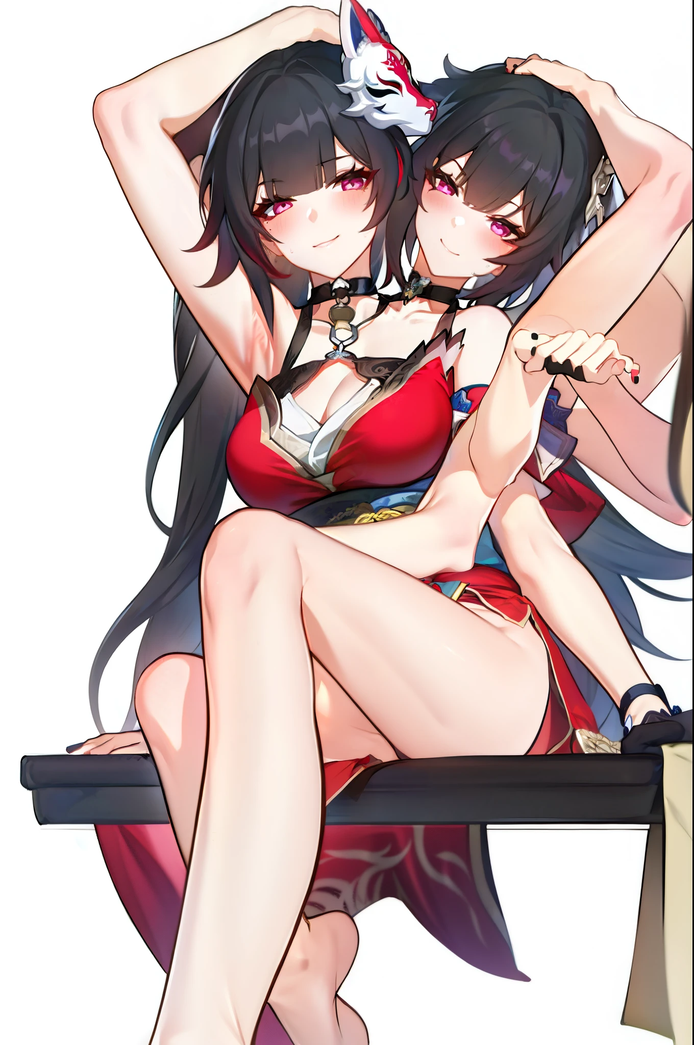(2 heads:1.3), 1 girl, Sparks \(Honkai: Star Rail\), Twintail, hair accessories, alone, Off shoulder kimono, black nails, Mask on the head, arms separated,Legs split, choker, heart, Single gloves, Wristband, Cross Halter, thigh strap, Blush, sit, from below, Focus on feet, Cross your legs., cross your legs, look at viewer, Barefoot, suffocate, ecstasy, smileที่เย้ายวนใจ, Pink-red bedroom, sofa,Masterpiece, illustration, beautiful, 4K, 8ก,DSLR Photos, (8ก, 4K, Masterpiece),(Masterpiece, best quality), best resolution, (3 heads:1.5),Arms separated,arm circle, (Put your hands on your head...), (lower hand on ankle), (lower hand on leg), Full content in the frame, full body view, (four arms),(Multi-arm),(many hands), รูปร่างเพรียวบาง Masterpiece,best quality,best resolution,1 woman,many heads, upper body, smile, Facing the audience,big breasts,simple background,หน้าbeautiful,ผมbeautiful,ดวงตาbeautiful,ร่างกายที่beautifulงาม,มือbeautiful,conjoined twins
