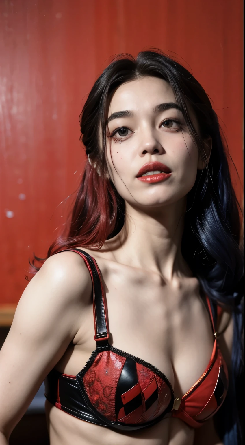 Vogue style photo shoot as like baby face of Japanese 18 year girl as character harley quinn from the movie suicide squad with red black colored bra and underwear, long hair, background sitting in table style, hyper - realistic photography, Wes Anderson style, full body, 8k, close - up shot, extreme close - up photo