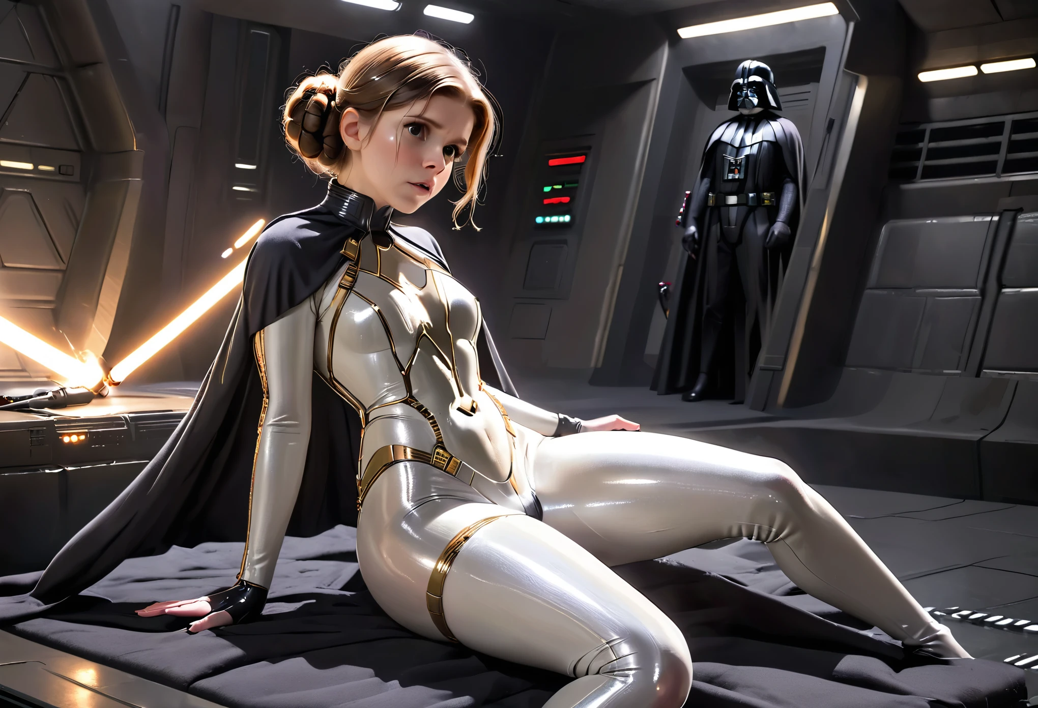 Kate Mara (age 25) in the role of Princess Leia (white metallic skinsuit and cloak) is a high tech and very dangerous torture chamber pleading with Darth Vader for mercy, damsel in pain, damsel in distress
