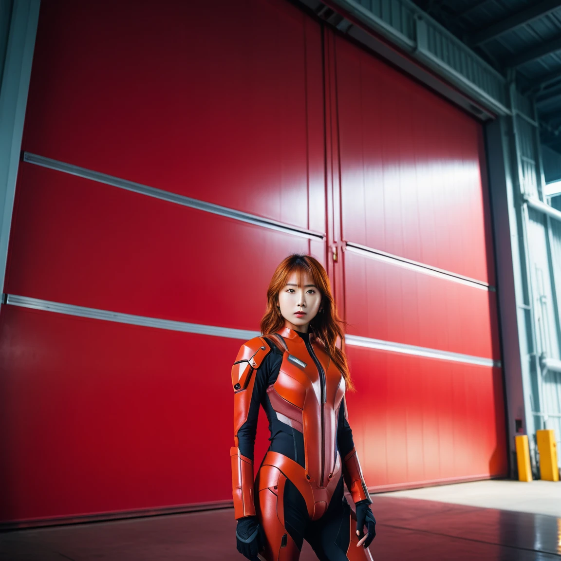 Photo of Soryu Asuka Langley, Futuristic red hangar door background, Medium Shot, 8K Ultra HD, Digital SLR, Cinema Lighting,