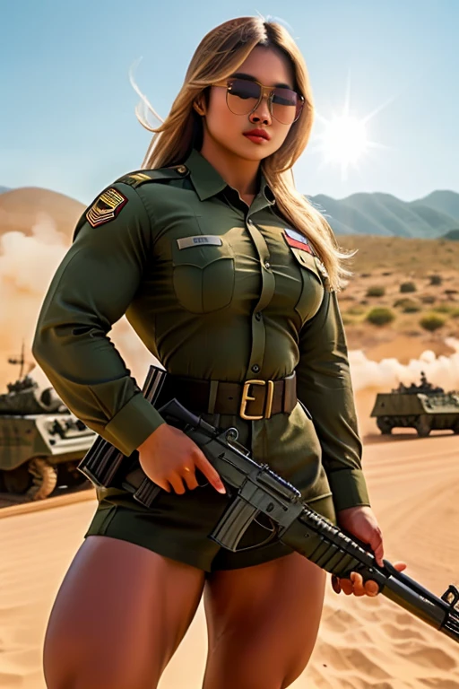 Realistic Malay cute girl holding a automatic rifle and aiming to shoot , fair and glossy skin, muscular body, blonde, Sun glasses, wearing military uniform, with a battlefield background 