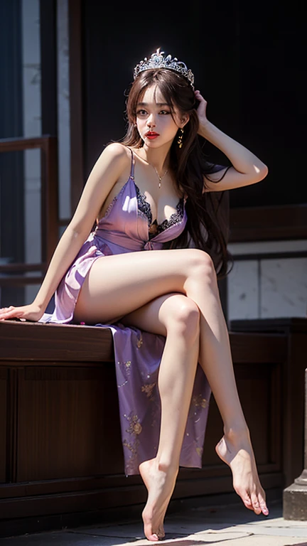 1 20-year-old girl, 1 Goddess Athena, Photorealism, Full body portrait, Pink and purple silk dress, Slim fit sequined robe，With lots of sexy black lace details, Photo Realism, Long hair, Round breasts, Hair, 黑色Long hair, Bare Legs, barefoot, transparent内衣, Long legs, lie, Elevate your feet, Feet in the sky, Bend your legs 90 degrees, Excellent kick, Beautiful legs, Sexy pose, transparent内衣, transparent，Beautiful goddess style glitter, Red lips, 丰满Red lips, #1: long, Beautiful clear face and well-proportioned eyes, (Big round eyes，Heavy makeup, Sexy wet eye makeup, Very beautiful and detailed hair makeup, The most realistic color scheme, (Rose White Skin: 1.4), (High Skin Detail: 1.1), (The most beautiful aurora eyes: 1.7), The Aurora is beautiful and gorgeous, (more details:0.8), Slim fit sequined robe，With lots of sexy black lace details, emaciated, fit, Expression smile, Art, Surrealism, Ray Tracing