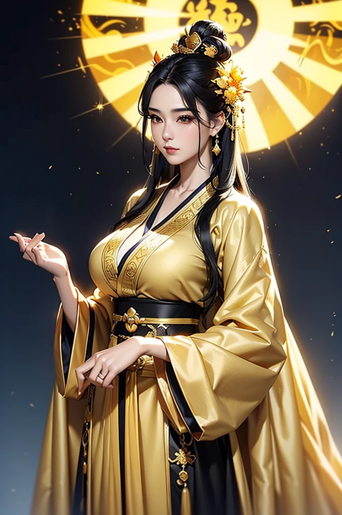 Black Hair, Immortal, Beauty, Royal sister, Stepmother, Gold Yellow Taoist robe, Golden Phoenix Coronet, Hair Bunch, Big Breasts , Mature Woman,Sunshine