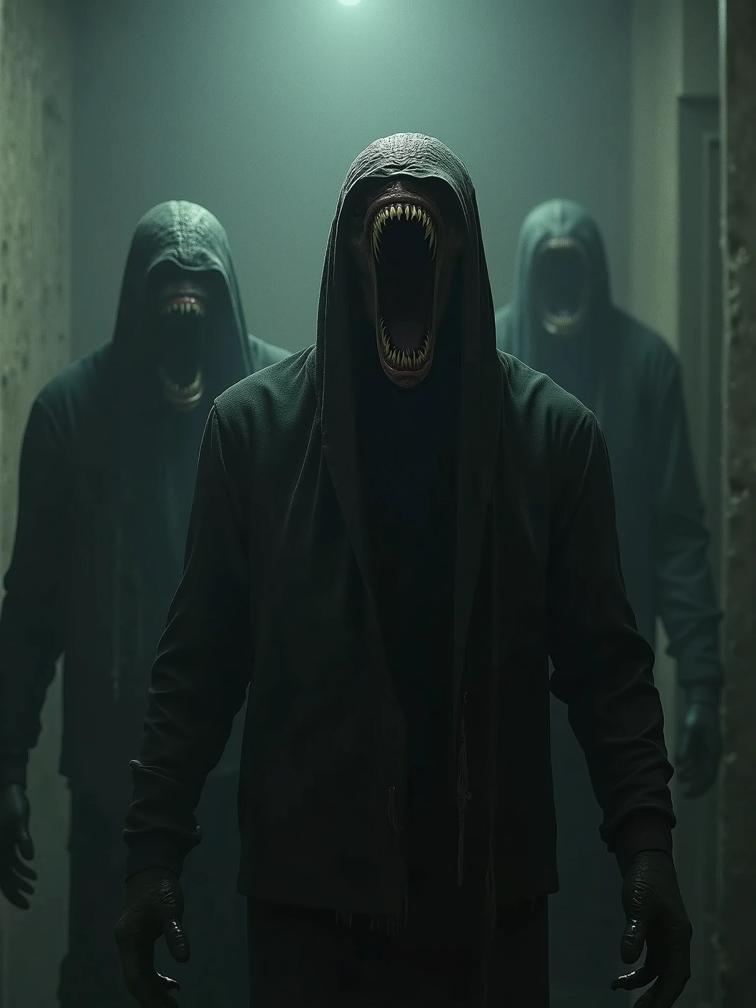 Monsters of darkness, humanoid head, faceless head, with gaping wide mouth, wallpaper, shadows, horror, dynamic lighting, sharp focus