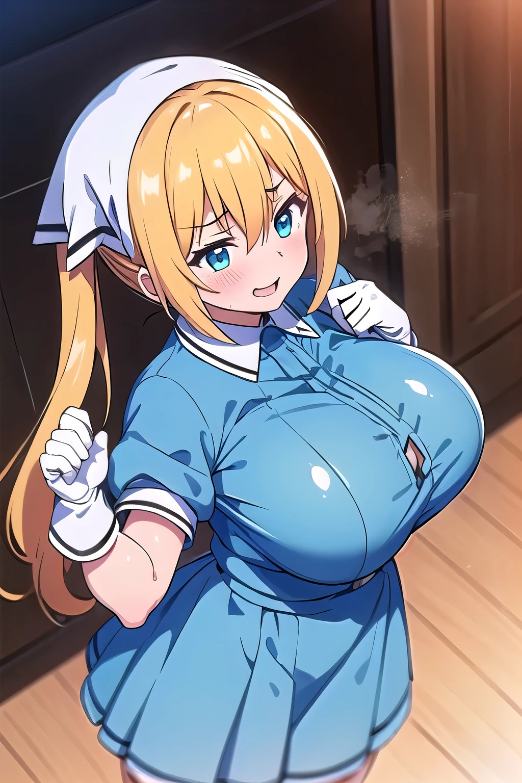 (masterpiece, best quality:1.2), 独奏, 1girl, hinata kaho, smile, looking at viewer, twintails, head scarf, waitress, frills, blue shirt, waist apron, puffy short sleeves, blue skirt, thighhighs, white gloves,(huge breasts:1.4),(large round breasts),busty,sporty,athletic body,Toned body,Slender,Slender body,Large breasts,(Poses that accentuate large breasts),Nice body,Stylish,sweat,steam,breath,(frustrated),Troubled face,blush,Estrus,((breast squeeze)),(from above),(Crush the chest),look up,Exhaustion,Upper Body,Composition that emphasizes breasts,(Chest is highlighted),(Breast shaking motion:1.4),((Breast shaking)),bouncing tits,